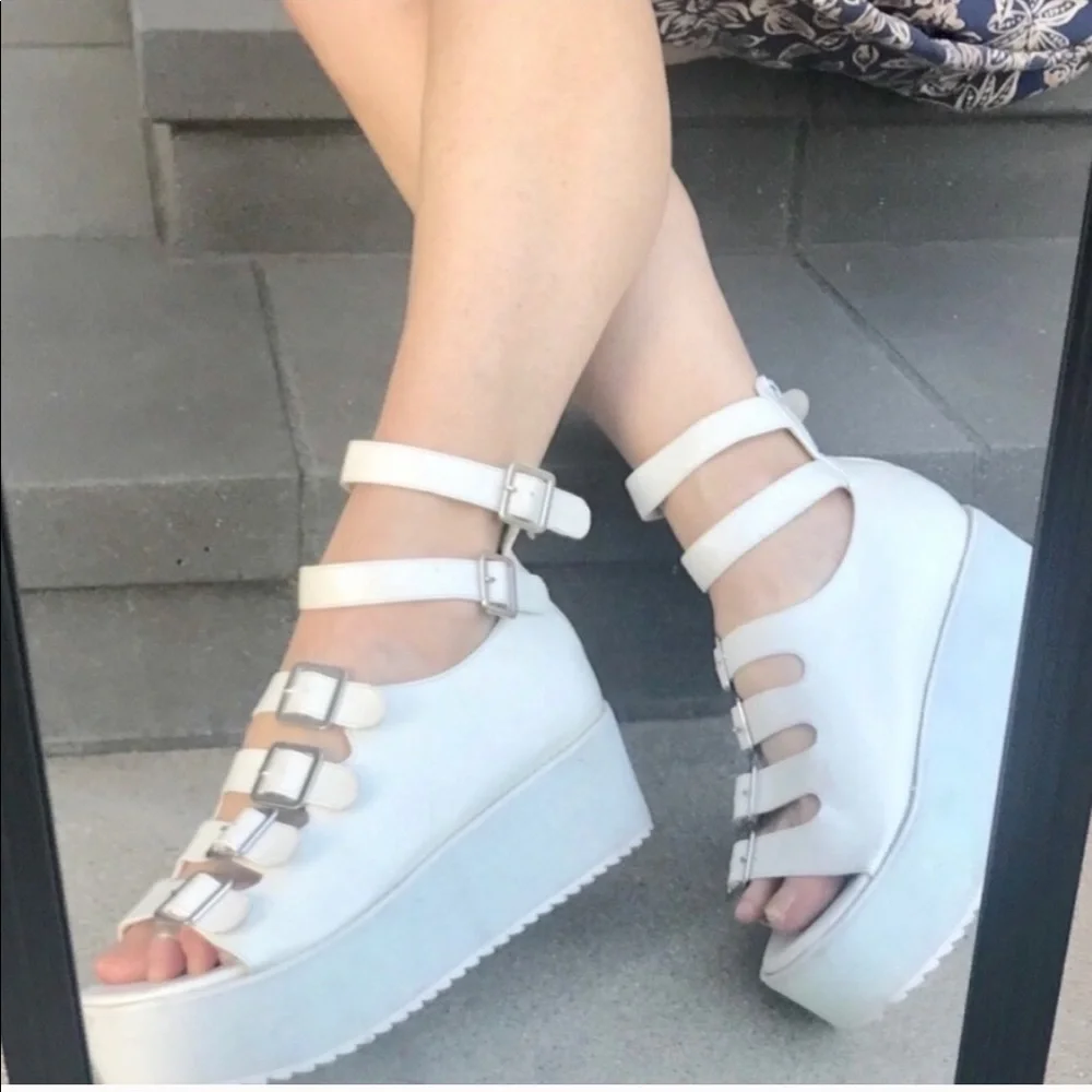 YRU Chunky Platform SANDALS strappy white buckles wedges Heels Y2K 90s Mirage 10